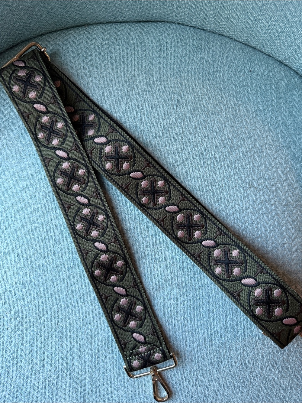 Embroidered Olive Green purse or guitar Strap with Pink Accents